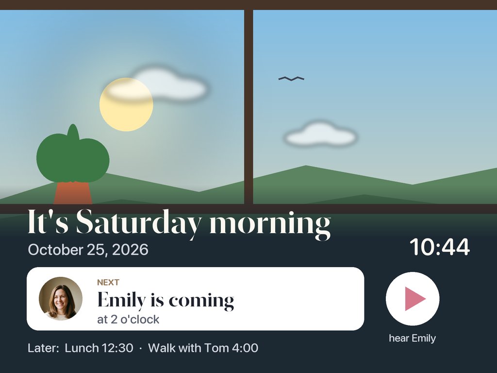Day Board in the morning: It's Saturday morning, October 25, 2026. Next: Emily is coming at 2 o'clock, with Emily's photo and a button to hear her voice note.